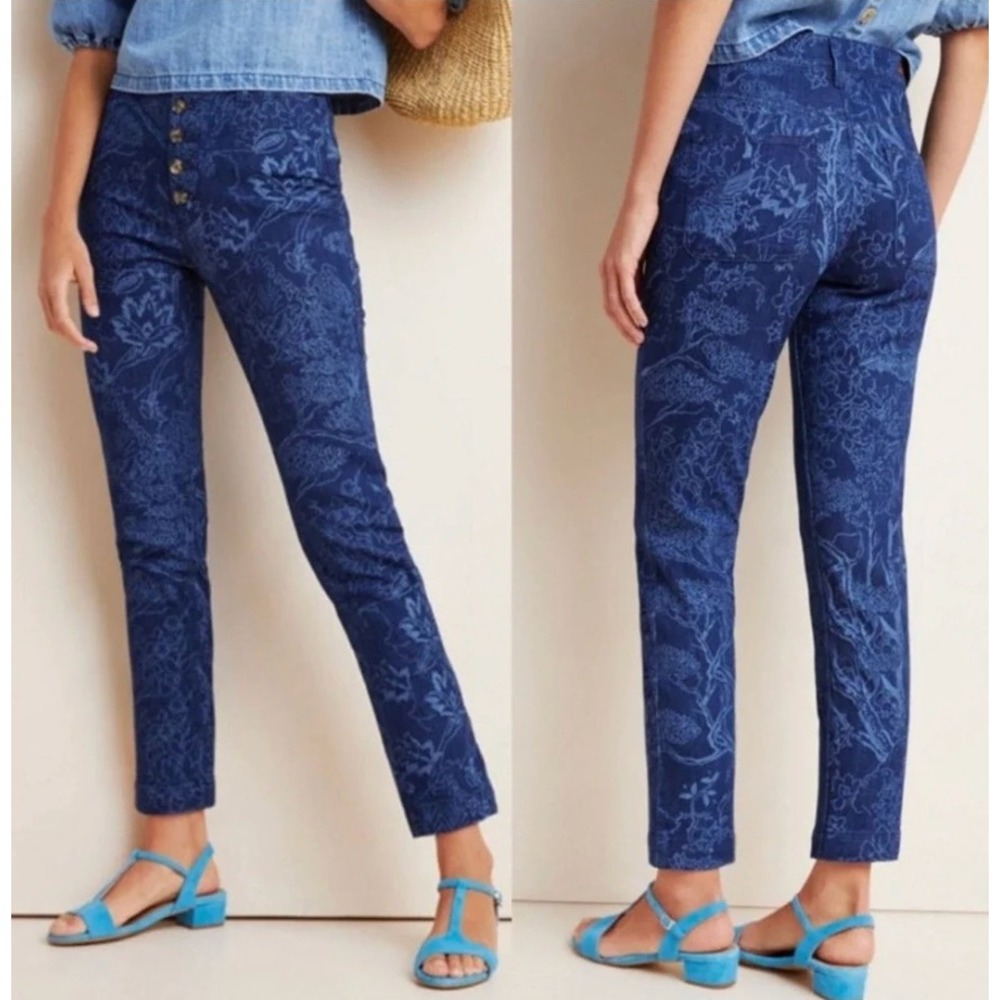 Pilcro and the Letterpress Blue Floral Print High Rise Jeans, Size 27